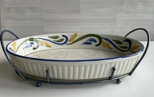 Casserole Baking Serving Oval Stoneware Dish with Wire Cradle Italian Style 1 Qt - Picture 1 of 9
