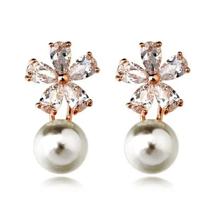 Rose Gold Filled Made with Swarovski Crystal Flower Bridal Pearl Earring IE34 - Picture 1 of 3