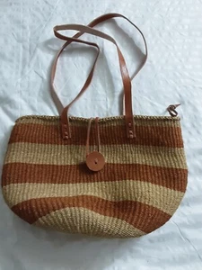 Large African Woven Sisal Bucket Tote Leather Strap Shoulder Handbag Zip - Picture 1 of 14