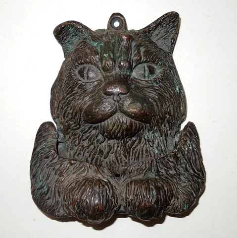 Antique Heavy Cast Bronze Kitty Cat Door Knocker Rich Vintage Patina Unique Cover