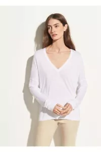 Top donna E078 nuovo con etichette Vince spalla a goccia scollo a V taglia XS, S, M $125 - Foto 1 di 4