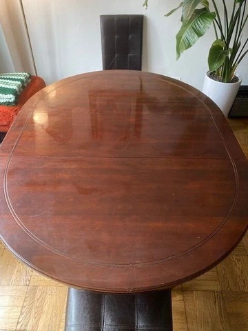 4-8p Cherry Wood Stickley Dining Table w/ Inlay Walnut Ring + 3 Extension Leaves Cover