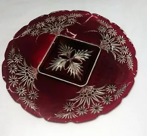 Antique Early 1900s Ruby Red Flash Stain on clear Boehemian Glass Serving Plate - Picture 1 of 5