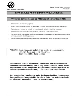 Haas Milling Machine 96-7045 VF Series Service Manual & Operator Guide 1993 - Image 1 of 2