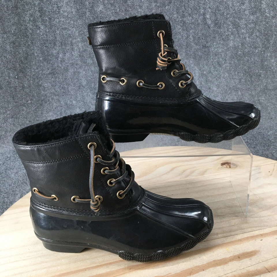 Steve Madden 靴子女式 6 Torrent 雨鸭踝系带 1015 黑色橡胶 — 第 1/4 张图片