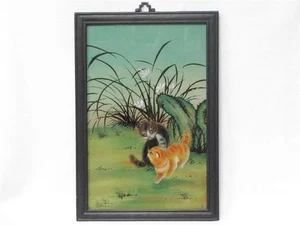 BEAUTIFUL VINTAGE CHINESE REVERSE GLASS PAINTING OF TWO KITTENS APPROX 15” X 21” - Picture 1 of 6
