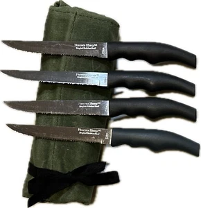 FOREVER SHARP 4 PIECE GOURMET STAINLESS STEAK KNIVES IN WAXED CANVAS KNIFE ROLL - Picture 1 of 11