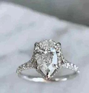 14K White Gold Plated 2CT Pear Cut Lab-Created Diamond Hidden Halo Wedding Ring - Picture 1 of 2