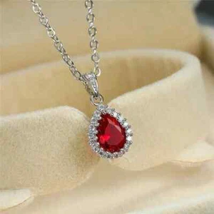 1.50Ct Pear Cut Lab Created Red Ruby Teardrop Pendant 14K White Gold Plated 16'' - Picture 1 of 4