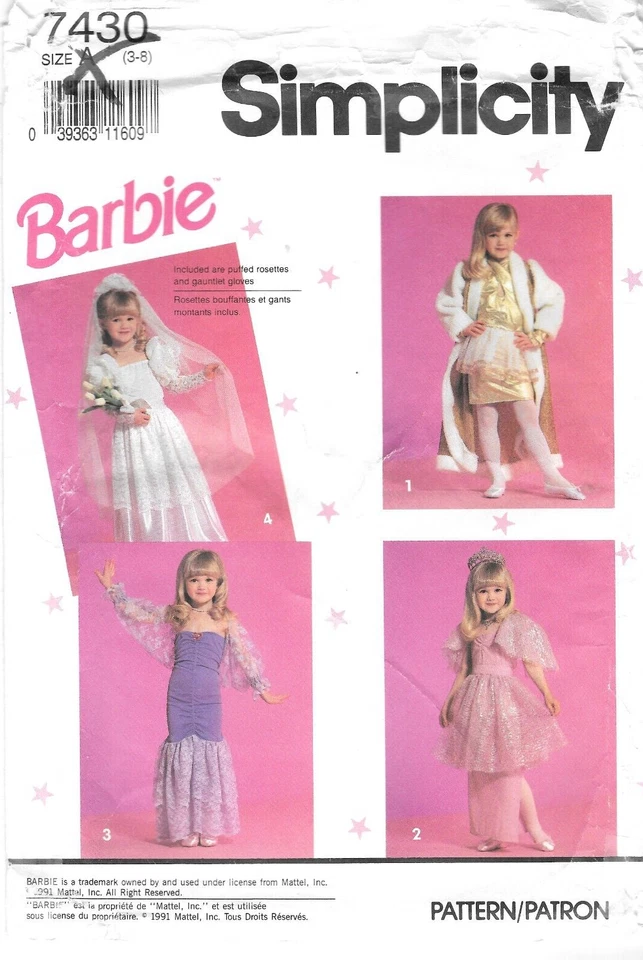 Uncut Simplicity Sewing Pattern # 7430 Girl's Barbie Dress-Up Costumes Size: 3-8 - Image 1 of 2