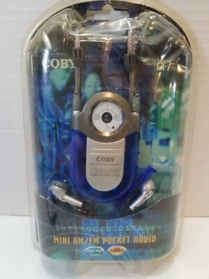 Coby CX-7 Mini AM/FM DBBS Pocket Radio Blue Black With Earphones Neck Strap New - Image 1 of 4