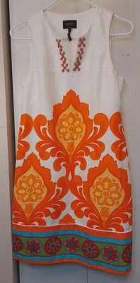 Laundry By Shelli Segal Orange Door Print Shift Dress Size 6 Linen Cotton Retro - Image 1 of 4