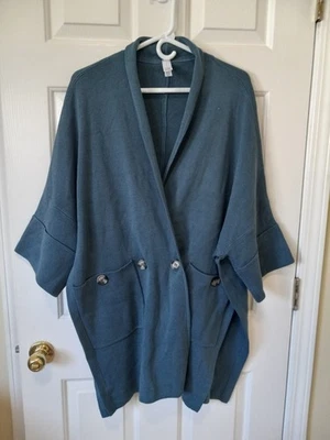 MARLA WYNNE 女式蓝色棉针织开衩侧长款宽松和服开衫 S — 第 1/4 张图片