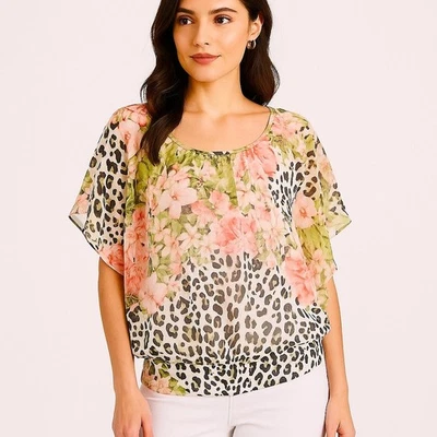 Blusa Top Forrada Manga Acampada Estampado Leopardo Floral Colección JM Talla XL Foto 1 de 4