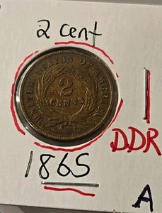 1865 2 cent peice plain bronze coin civil war 2c us coin "w" A - Picture 1 of 5