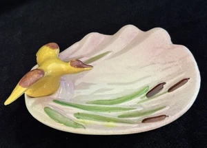 Vintage Zanesville Keramik rosa Muschel mit Ente, Rohrkolben Schmuck Schale Waschtisch Tablett OPCO - Bild 1 von 8