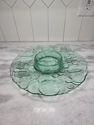 Bandeja para servir de tinte verde azulado Libbey, cuenco de inmersión incorporado, bandeja de vidrio para huerto, plato Foto 1 de 4