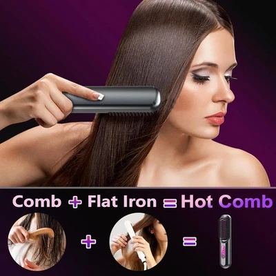 Cordless Hair Straightener Brush Ionic Ceramic Hot Comb Women Thick Curly Hair - Image 1 of 4