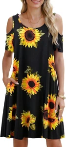 Womens plus Size Dresses Short Sleeve Cold Shoulder Casual T Shirt Swing Dress S - Picture 1 of 12