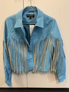 MISS SELFRIDGE Western Cowgirl Blue Vegan Suede Fringe Jacket Size UK 12 BNWT - Picture 1 of 12