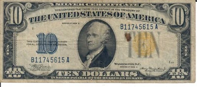 1934 A Series Ten Dollar US Silver Certificate Yellow Seal Note North Africa - Image 1 of 2