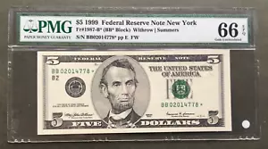 1999 $5 FRN ⭐NEW YORK STAR ⭐ PMG 66 GEM GRADE EPQ BB 0 2 0 1 4 7 7 8 * - Picture 1 of 2