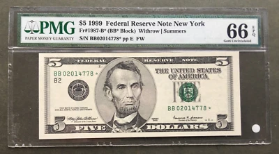 1999 $5 FRN  ⭐NEW YORK STAR  ⭐  PMG 66 GEM GRADE EPQ  BB 0 2 0 1 4 7 7 8 * - Image 1 of 2