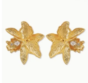 Flower Earrings Gold Zara Crystal Stud CZ Statement Exaggerated Textured Big - Picture 1 of 6