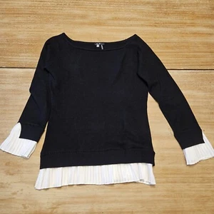 Vila Milano Womens Wool Blend Black Knit Top Shirt Pleated Chiffon Cuffs Small - Picture 1 of 6