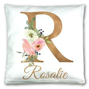 Personalised Floral Gold Initial Name Cushion Cover Gift Mum Sister Sofa Pillow