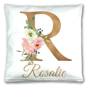 Personalised Floral Gold Initial Name Cushion Cover Gift Mum Sister Sofa Pillow - Picture 1 of 1