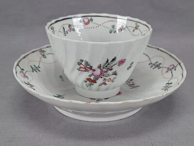 British AE Keeling Pattern 218 Hand Painted Fluted Tea Bowl & Saucer C. 1790 - Image 1 of 4