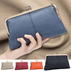 Women Retro Genuine Leather Kiss Lock Wallet Card Holder Clutch Bag Purse - Picture 1 of 22