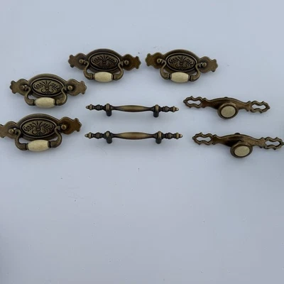 Vintage Brass Hardware Drawer Pulls With Beige Ceramic Center Bead Cabinet Mixed - Image 1 of 4