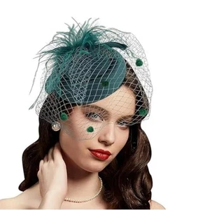 Green Pillbox Fascinator Women Hat Wedding Tea Party Feather Veil Headband - Picture 1 of 5