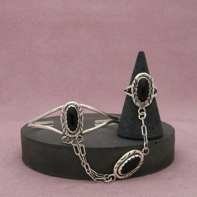 navajo sterling silver vintage onyx slave cuff & ring (sz 6) bracelet size 6in - image 1 of 3