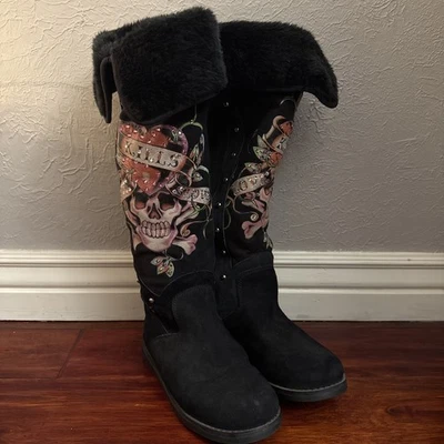 Ed Hardy x Christian Audigier 黑色靴子复古 Y2K,7 码 — 第 1/4 张图片