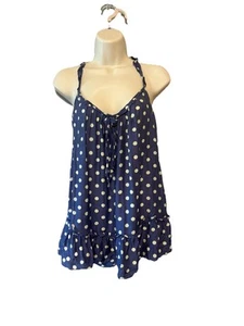 Top Victoria's Secret a pois blu navy lingerie cami seta con volant racer S - Foto 1 di 4