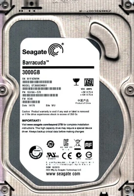 ST3000DM001 P/N: 1E6166-570 F/W: SC48 S/N: W1F43 3TB OCT 2013 CHINA SEAGATE - Image 1 of 2