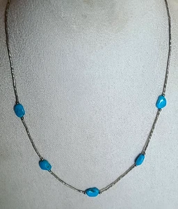 Vtg Sterling Blue Turquoise Beaded Nugget Liquid Silver Single Strand Necklace - Picture 1 of 5