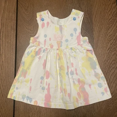 Vestido Lee Vintage Niña Pequeña 2T Denim Jersey Blanco Pastel Rosa Pintura Salpicaduras Foto 1 de 4