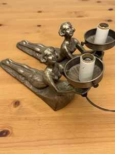 Pair of Antique Art Deco Lights Woman Laying Metal- Vintage Art Nouveau- WORK! - Picture 1 of 13