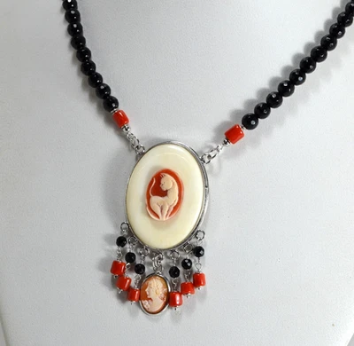 COLLANA  ARGENTO 925  CAMMEI GATTO OSSO ONICE E CORALLO ROSSO CILINDRI AGLN 0292 - Immagine 1 di 4