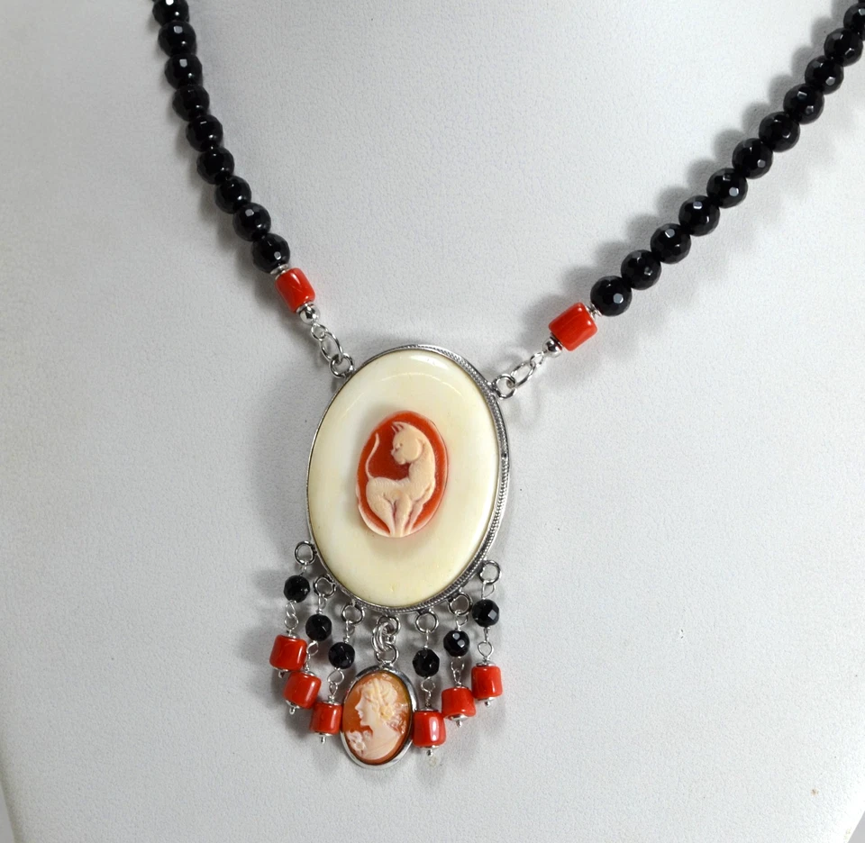 COLLANA  ARGENTO 925  CAMMEI GATTO OSSO ONICE E CORALLO ROSSO CILINDRI AGLN 0292 - Immagine 1 di 4