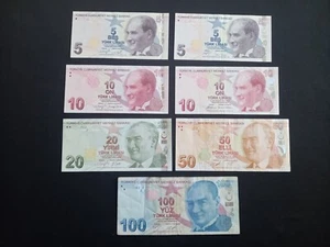 TURKEY 2x 5 + 2x 10 + 20 + 50 + 100 Banknotes - Circulated - Picture 1 of 2