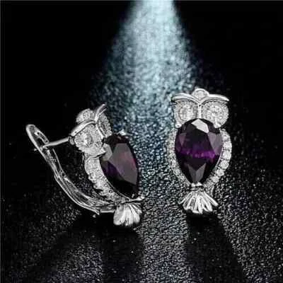4CT Pear Cut Simulated Purple Amethyst/CZ Owl Hoop Earrings 925 Sterling Silver - Image 1 of 4