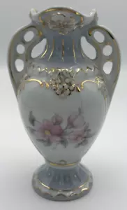 Royal Dux Bohemia Porcelain Handled Bud Vase Pink Flowers Blue and Gold 5.5" - Picture 1 of 8