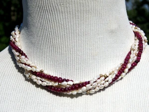 Solid 14K Yellow Gold Natural Ruby/White Pearl 7 Strands Beaded Necklace 16.5" - Picture 1 of 12