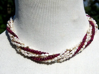 Solid 14K Yellow Gold Natural Ruby/White Pearl 7 Strands Beaded Necklace 16.5" - Image 1 of 4