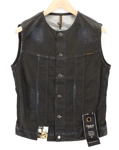 NUDIE JEANS Timmy Men Vest M Black Coated Indigo Washed Buttoned Crew Neck Logo - Picture 1 of 9